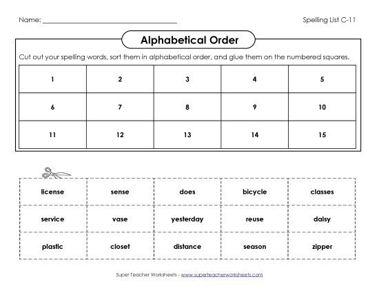 Alphabetical Order - ABC Order: Cut & Paste (C-11) (Printable PDF Worksheet)