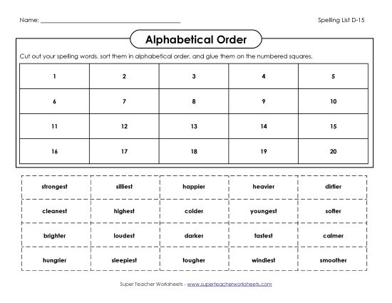 Alphabetical Order - ABC Order: Cut and Paste (D-15) (Printable PDF Worksheet)