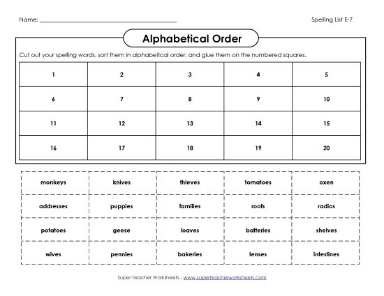Alphabetical Order - ABC Order: Cut & Paste (E-7) (Printable PDF Worksheet)