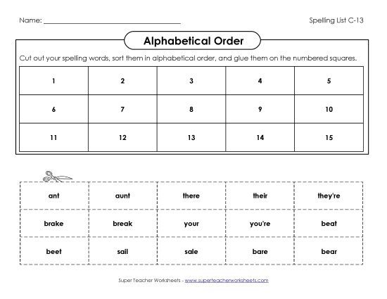 Alphabetical Order - ABC Order: Cut-Glue (C-13) (Printable PDF Worksheet)
