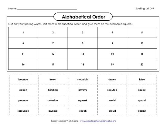 Alphabetical Order - ABC Order: Cut-Glue (D-9) (Printable PDF Worksheet)