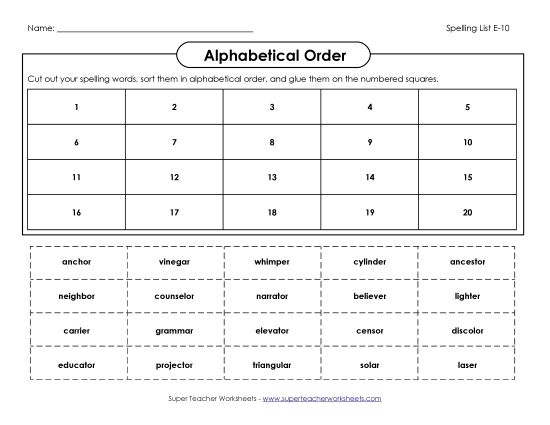 Alphabetical Order - ABC Order: Cut-Glue (E-10) (Printable PDF Worksheet)