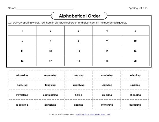 Alphabetical Order - ABC Order: Cut-Glue (E-18) (Printable PDF Worksheet)