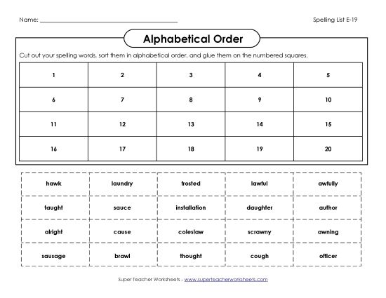 Alphabetical Order - ABC Order: Cut Glue (E-19) (Printable PDF Worksheet)