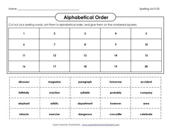 Alphabetical Order - ABC Order: Cut-Glue (E-20) (Printable PDF Worksheet)