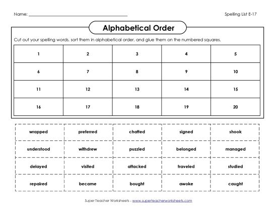 Alphabetical Order - ABC Order: Cut-Paste (E-17) (Printable PDF Worksheet)