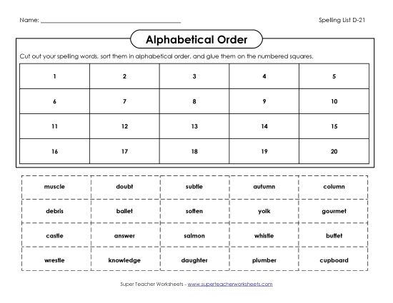 Alphabetical Order - ABC Order: Cut/Glue (D-21) (Printable PDF Worksheet)