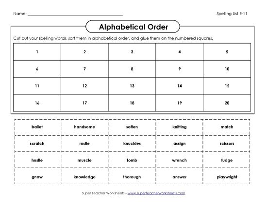 Alphabetical Order - ABC Order: Cut/Glue  (E-11) (Printable PDF Worksheet)