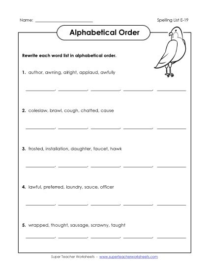 Alphabetical Order - ABC Order (E-19) (Printable PDF Worksheet)