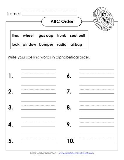 ABC Order - ABC Order: Full List (B-Car Parts)  (Printable PDF Worksheet)