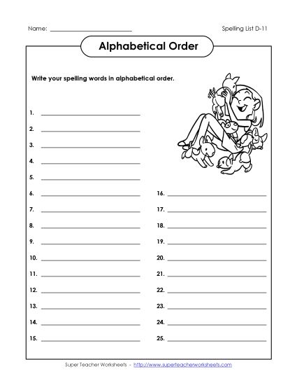 Alphabetical Order - ABC Order: Full List (D-11) (Printable PDF Worksheet)