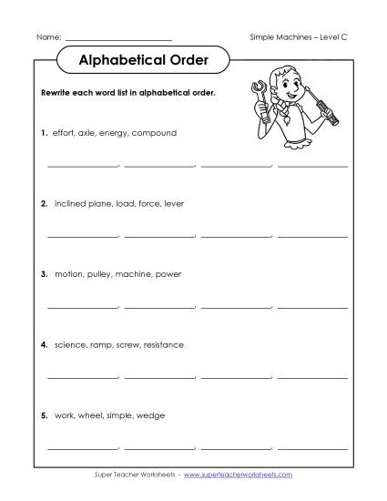 ABC Order - ABC Order Groups (C-Simple Machines Words)  (Printable PDF Worksheet)