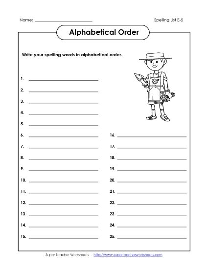 Alphabetical Order - ABC Order: Whole List (E-5) (Printable PDF Worksheet)