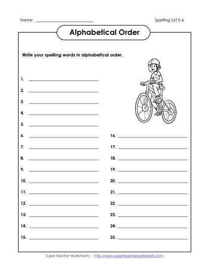 Alphabetical Order - ABC Order: Whole List (E-6) (Printable PDF Worksheet)