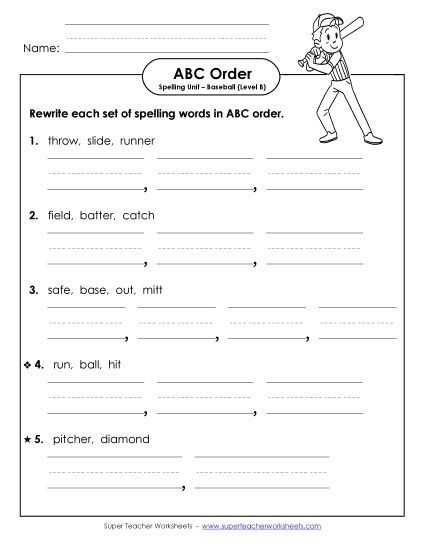 ABC Order - ABC Order - Word Sets (B-Baseball)  (Printable PDF Worksheet)