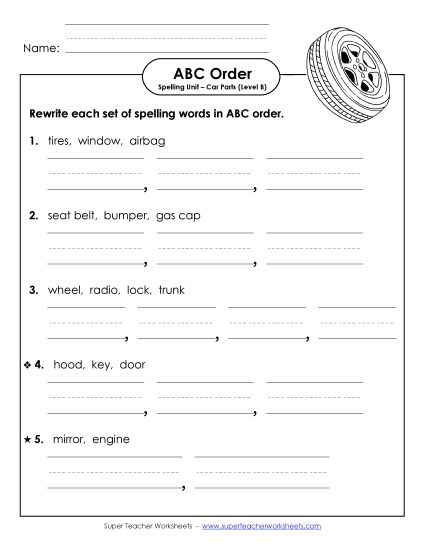 ABC Order - ABC Order - Word Sets (B-Car Parts)  (Printable PDF Worksheet)