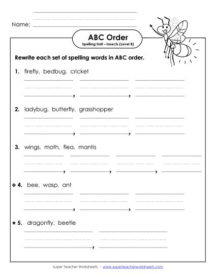 ABC Order - ABC Order - Word Sets (B-Insect Words)  (Printable PDF Worksheet)
