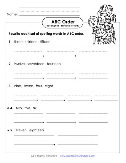 ABC Order - ABC Order - Word Sets (B-Number Words)  (Printable PDF Worksheet)