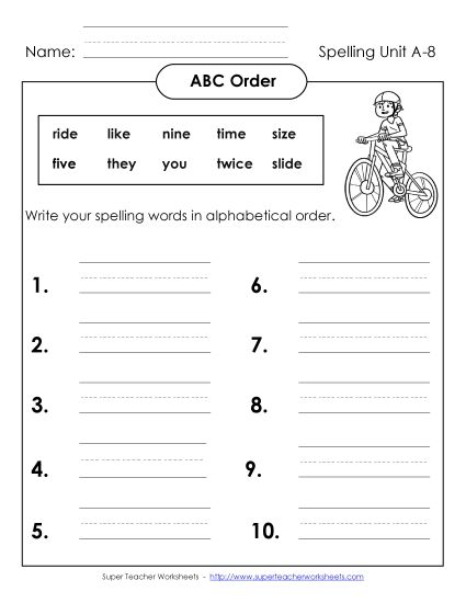 ABC Order - ABC Order: Write (A-8) (Printable PDF Worksheet)