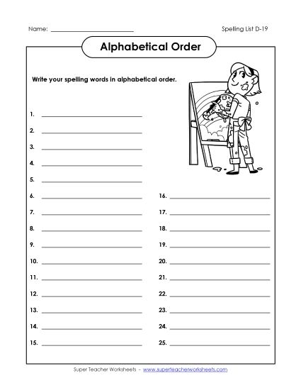 Alphabetical Order - ABC Order: Write (D-19) (Printable PDF Worksheet)