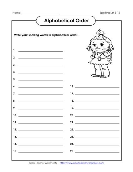 Alphabetical Order - ABC Order: Write (E-12) (Printable PDF Worksheet)