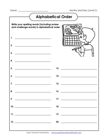 ABC Order - ABC Order: Write It Out (C-Months and Days)  (Printable PDF Worksheet)