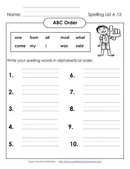 ABC Order - ABC Order: Write List (A-12) (Printable PDF Worksheet)