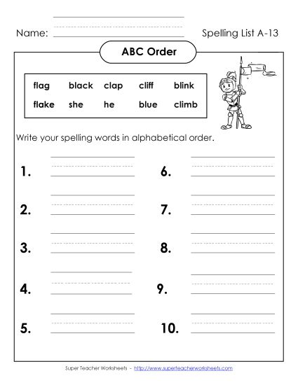 ABC Order - ABC Order: Write List (A-13)  (Printable PDF Worksheet)
