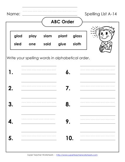 ABC Order - ABC Order: Write List (A-14) (Printable PDF Worksheet)