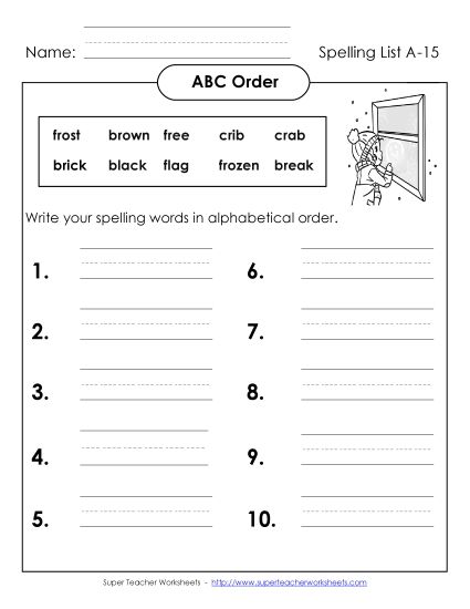 ABC Order - ABC Order: Write List (A-15) (Printable PDF Worksheet)