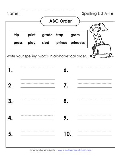 ABC Order - ABC Order: Write List (A-16) (Printable PDF Worksheet)
