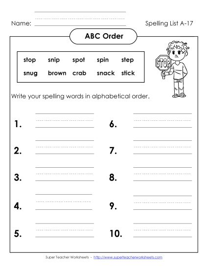 ABC Order - ABC Order: Write List (A-17) (Printable PDF Worksheet)
