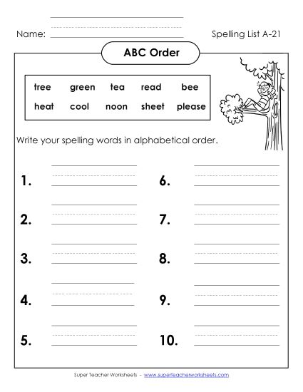 ABC Order - ABC Order: Write List (A-21) (Printable PDF Worksheet)