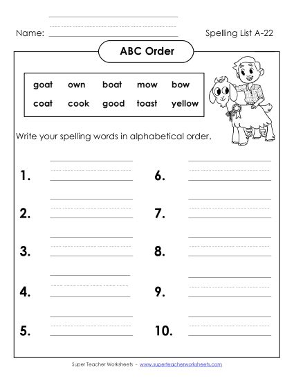 ABC Order - ABC Order: Write List (A-22) (Printable PDF Worksheet)