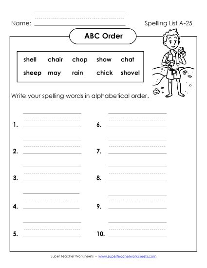 ABC Order - ABC Order: Write List (A-25) (Printable PDF Worksheet)