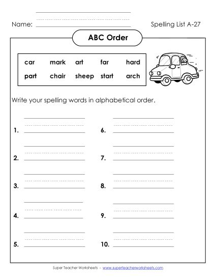 ABC Order - ABC Order: Write List (A-27) (Printable PDF Worksheet)