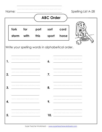 ABC Order - ABC Order: Write List (A-28) (Printable PDF Worksheet)