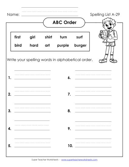 ABC Order - ABC Order: Write List (A-29) (Printable PDF Worksheet)