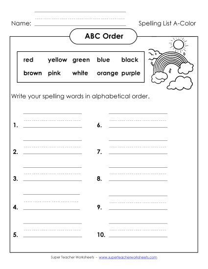 ABC Order - ABC Order: Write List (A-Color Words)  (Printable PDF Worksheet)