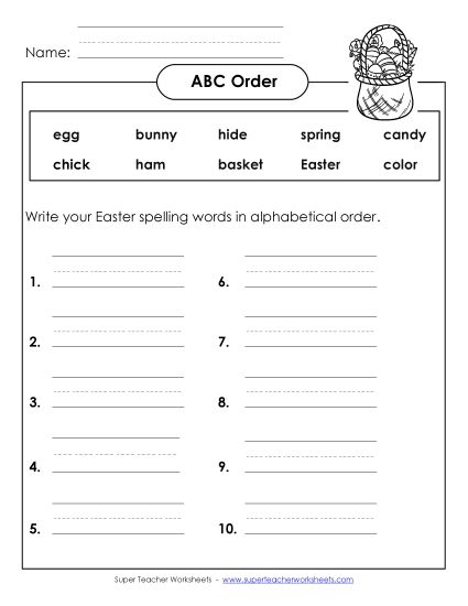 ABC Order - ABC Order: Write List (A-Easter)  (Printable PDF Worksheet)