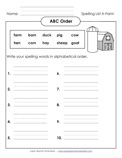 ABC Order - ABC Order: Write List (A-Farm Words)  (Printable PDF Worksheet)
