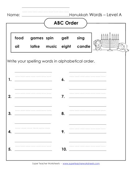 ABC Order - ABC Order: Write List (A-Hanukkah)  (Printable PDF Worksheet)