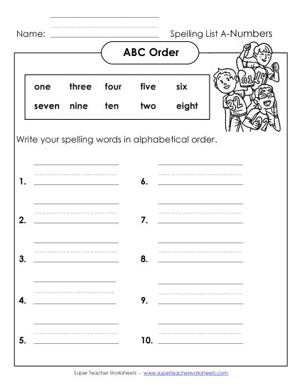 ABC Order - ABC Order: Write List (A-Number Words)  (Printable PDF Worksheet)