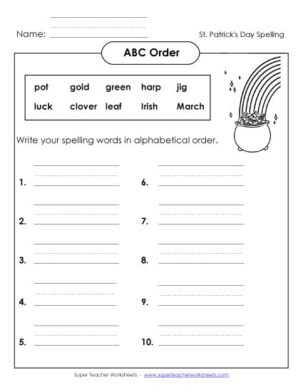 ABC Order - ABC Order: Write List (A-St. Patrick's Day)  (Printable PDF Worksheet)