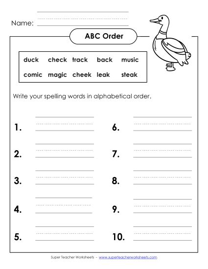 ABC Order - ABC Order: Write List (B-15) (Printable PDF Worksheet)