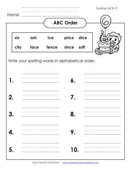 ABC Order - ABC Order: Write List (B-17)  (Printable PDF Worksheet)