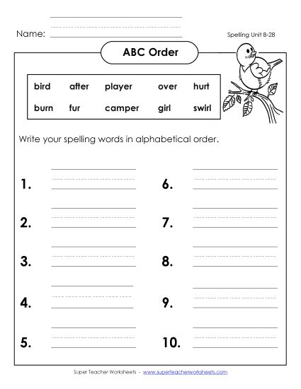 ABC Order - ABC Order: Write List (B-28) (Printable PDF Worksheet)