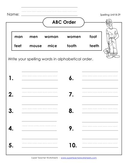 ABC Order - ABC Order: Write List (B-29) (Printable PDF Worksheet)