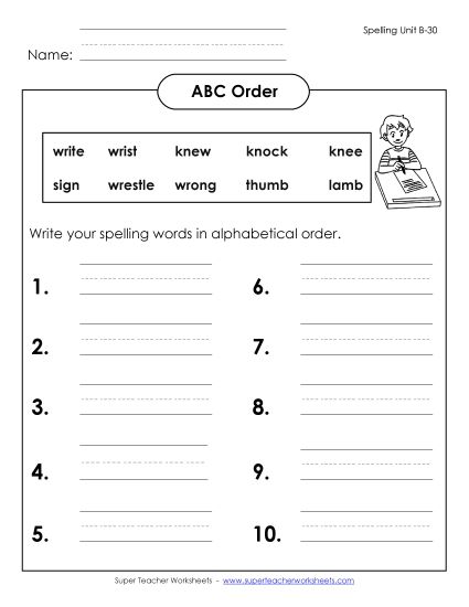 ABC Order - ABC Order: Write List (B-30) (Printable PDF Worksheet)