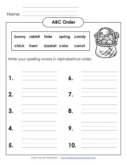 ABC Order - ABC Order: Write List (B-Easter)  (Printable PDF Worksheet)